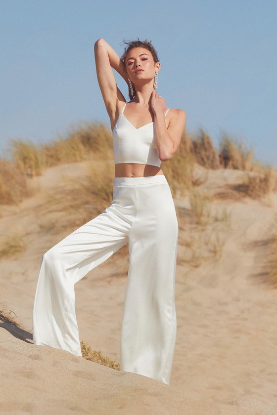 Buy Ivory Satin Plain Wide Leg Pant For Women by Zwaan Online at Aza  Fashions.